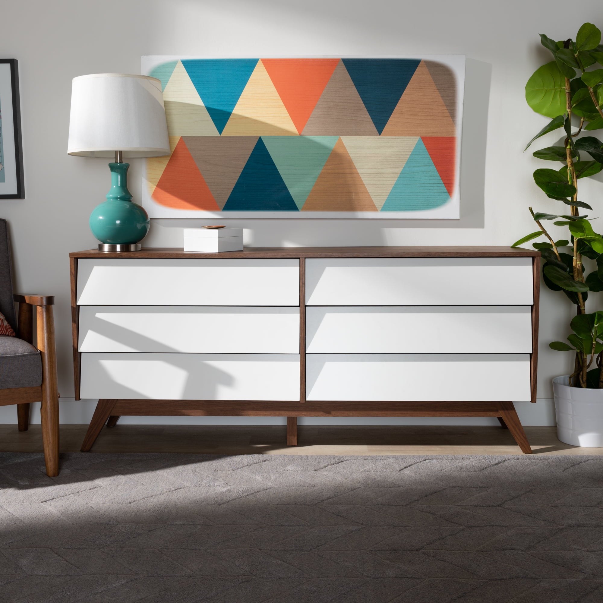 Halfrida Modern White and Walnut Wood 6-Drawer Dresser by Bellamy Studios