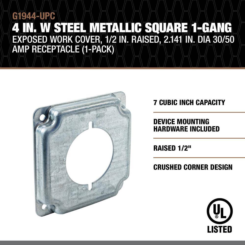 Southwire 4 in. W Steel Metallic 1-Gang Exposed Work Square Cover for 2.141 in. Dia 30 Amp to 50 Amp Round Receptacle (1-Pack) G1944-UPC