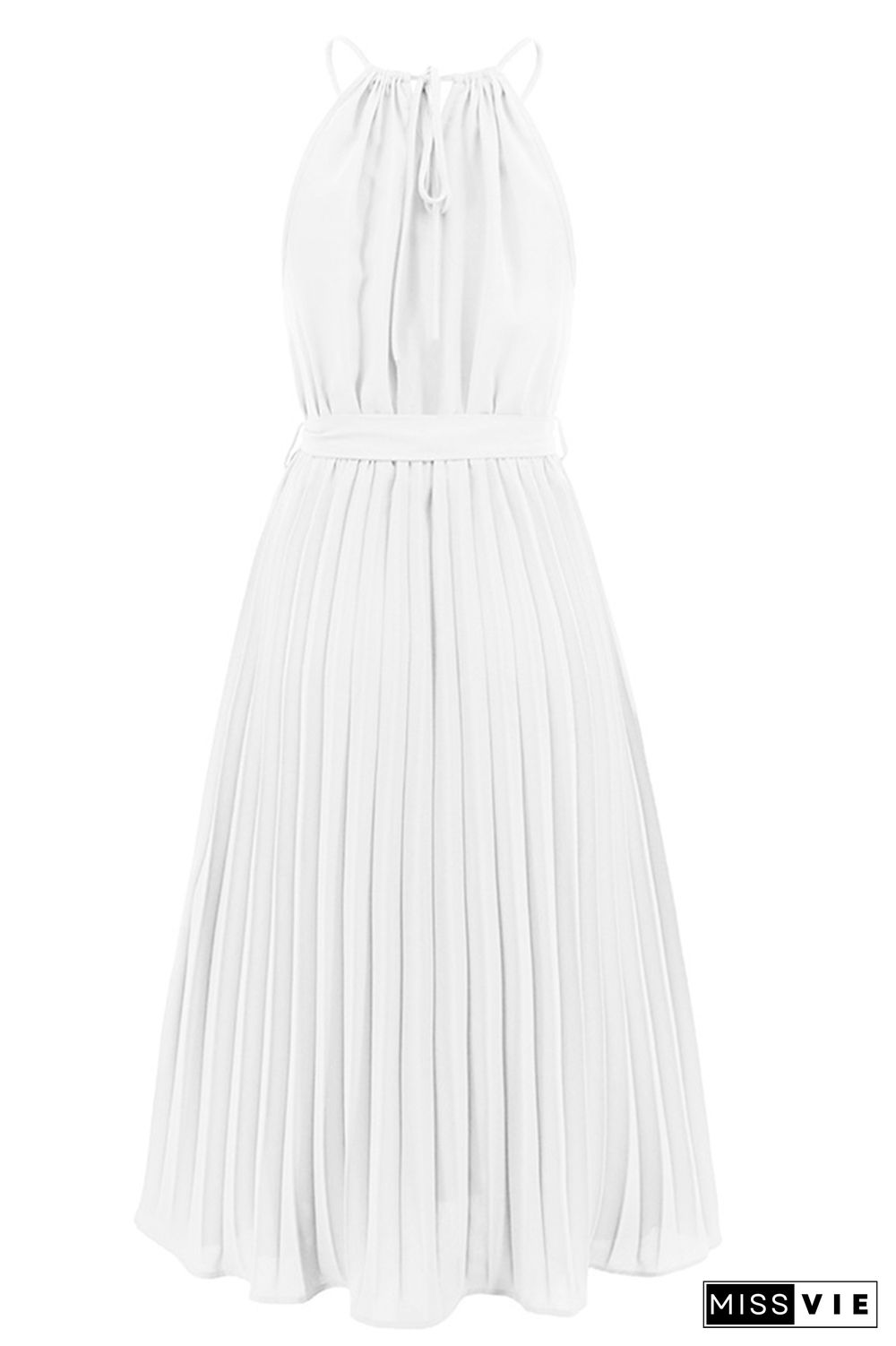 Plain Halter Sleeveless Pleated Midi Dress