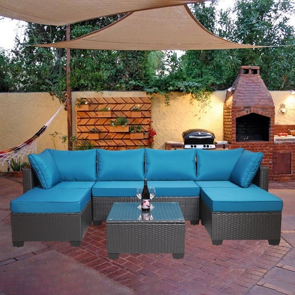 7Piece Rattan Sectional Sofa Set with Cushions and Table