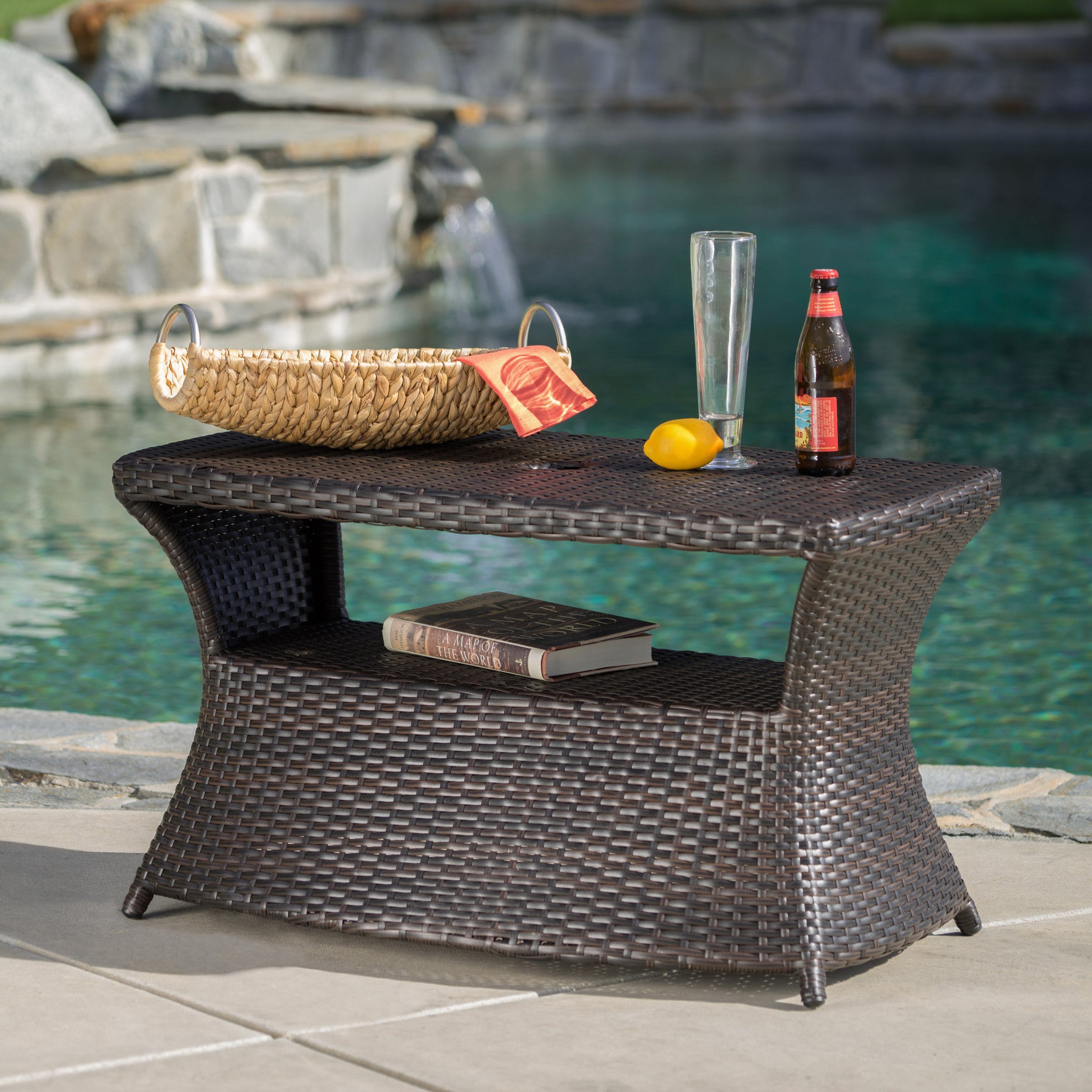 Banta Outdoor Modern Wicker Shelf Side Table with Umbrella Hole