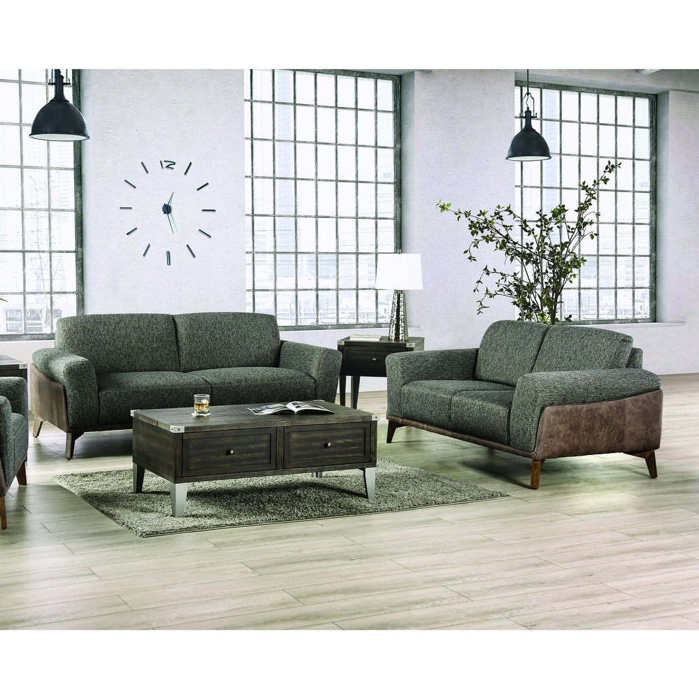 Yunger Contemporary Grey and Brown Fabric Padded 2 Piece Sofa Set by Furniture of America