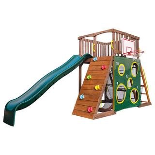 KidKraft All-in-One Sports Adventure Wooden Outdoor Playset with Rock Wall Basketball Goal and Sports Equipment F29335HD