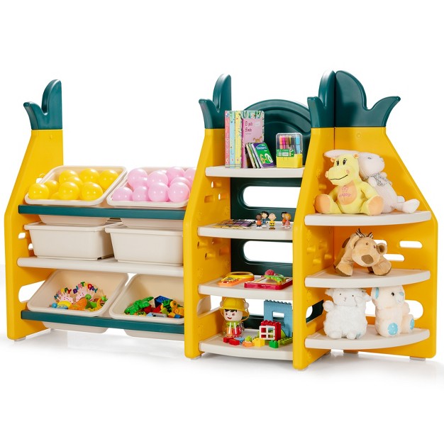 Tangkula 3 in 1 Kids Toy Storage Rack Pineapple Toy Organizer Storage Cabinet W plastic Bins amp Shelves