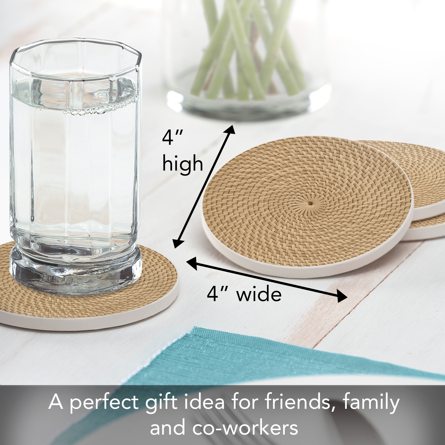 CounterArt Basket Weave Design Decorative Round Single Image Absorbent Stone Coaster 4 Pack