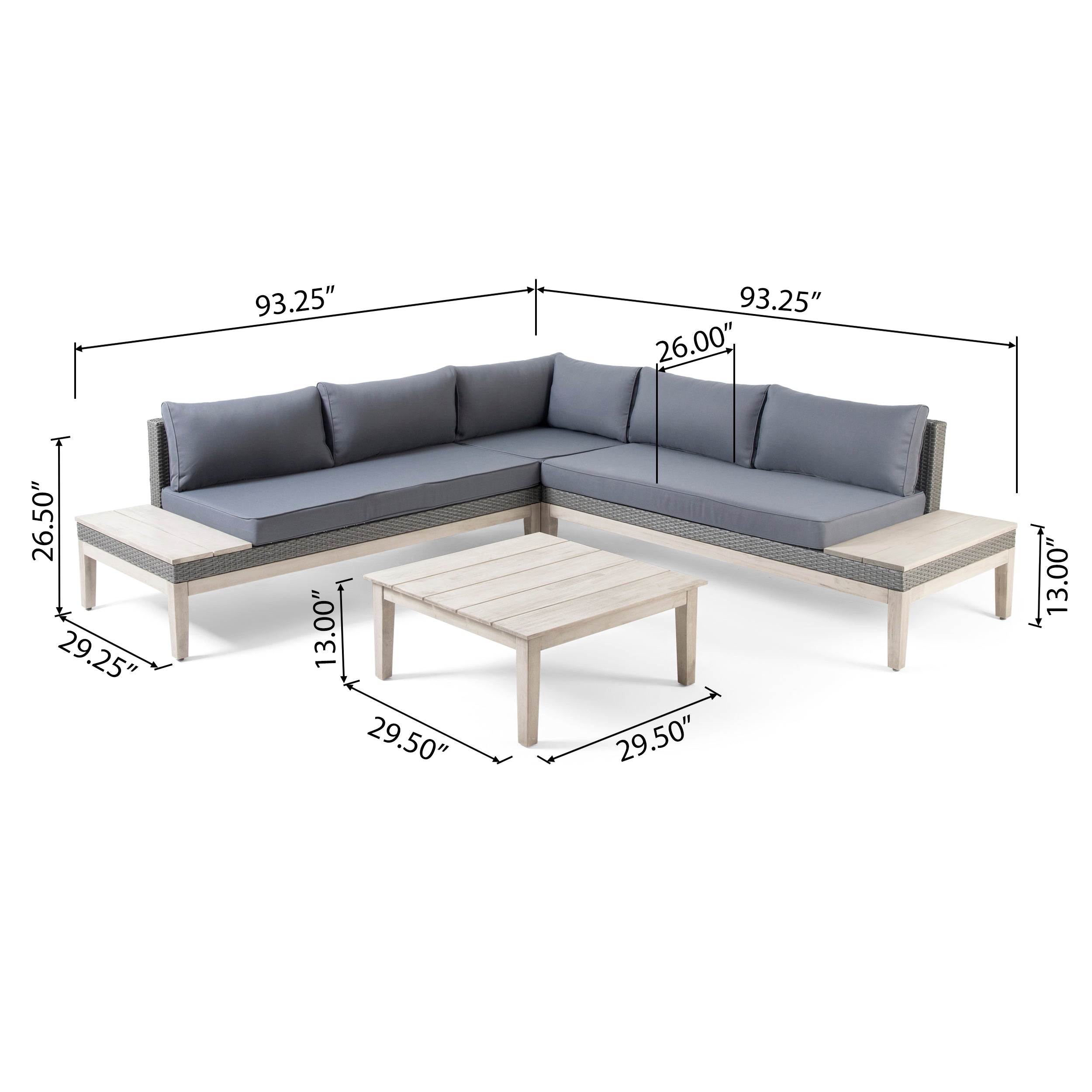 Emanuel Outdoor Acacia Wood and Wicker 5 Seater Sectional Sofa Set with Water-Resistant Cushions