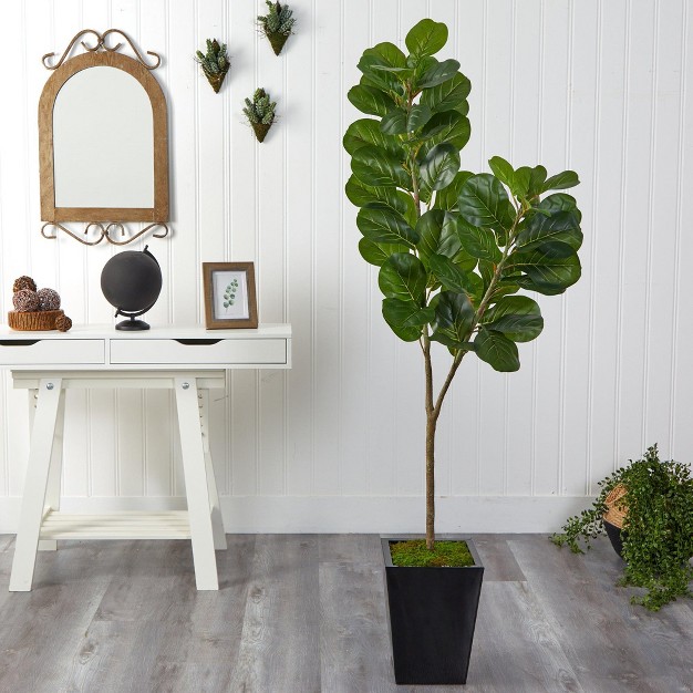 Nearly Natural 68-in Fiddle Leaf Fig Artificial Tree In Black Metal Planter