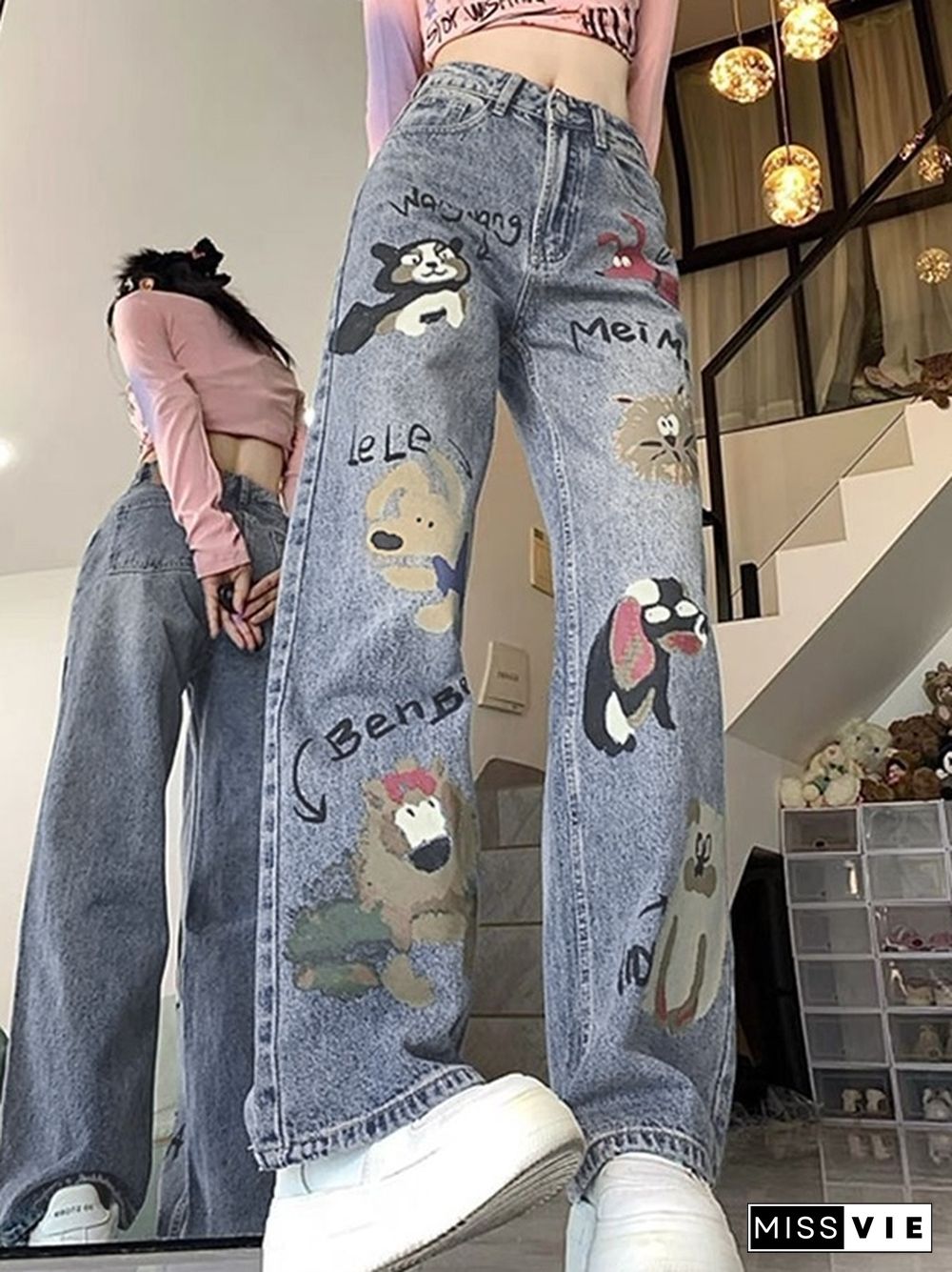 Animal Graffiti Print High Rise Boyrfriend Jeans