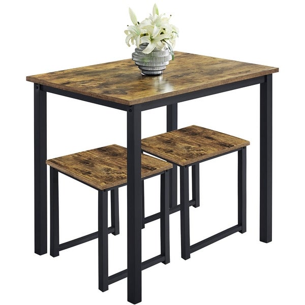 3-Piece Dining Set with Industrial Square Table and 2 Backless Chairs