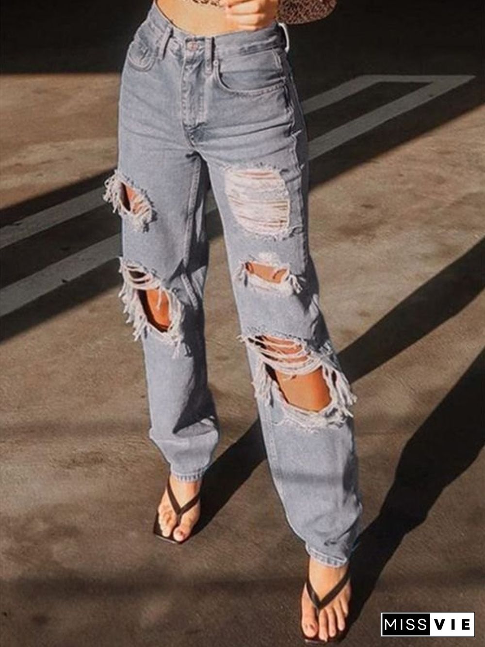 Frayed Holes Distressed Ripped Jeans