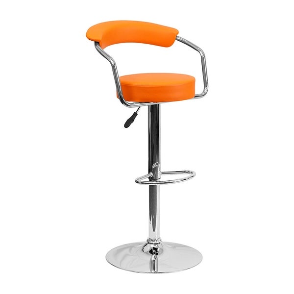 Offex Contemporary Orange Vinyl Adjustable Height Bar Stool With Arms And Chrome Base