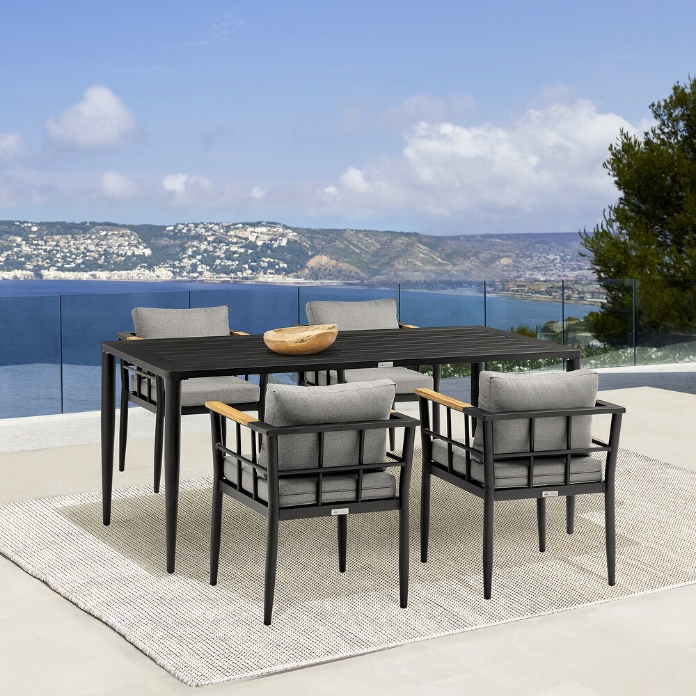 Beowulf Outdoor Patio 5 Piece Dining Table Set in Aluminum and Teak with Grey Cushions