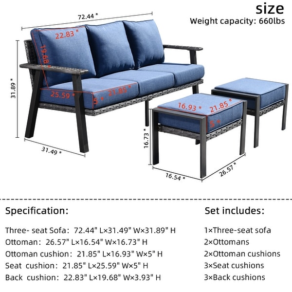 OVIOS Outdoor 3piece Wicker Sectional Sofa Set With Ottoman Steel Frame