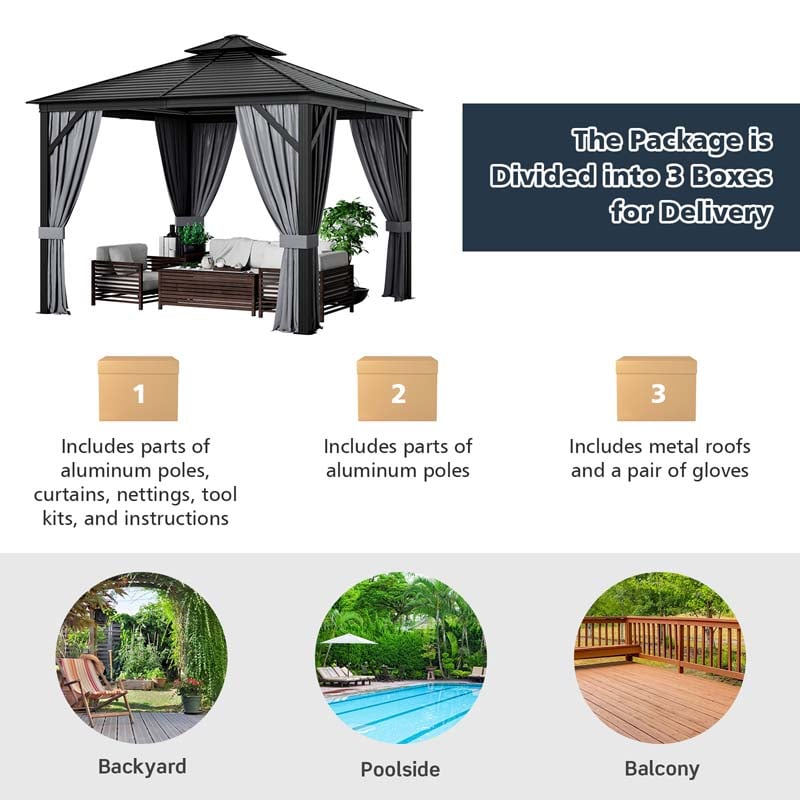 10 x 10 FT Hardtop Gazebo with Netting, Outdoor Patio Metal Gazebo with Galvanized Steel Roof