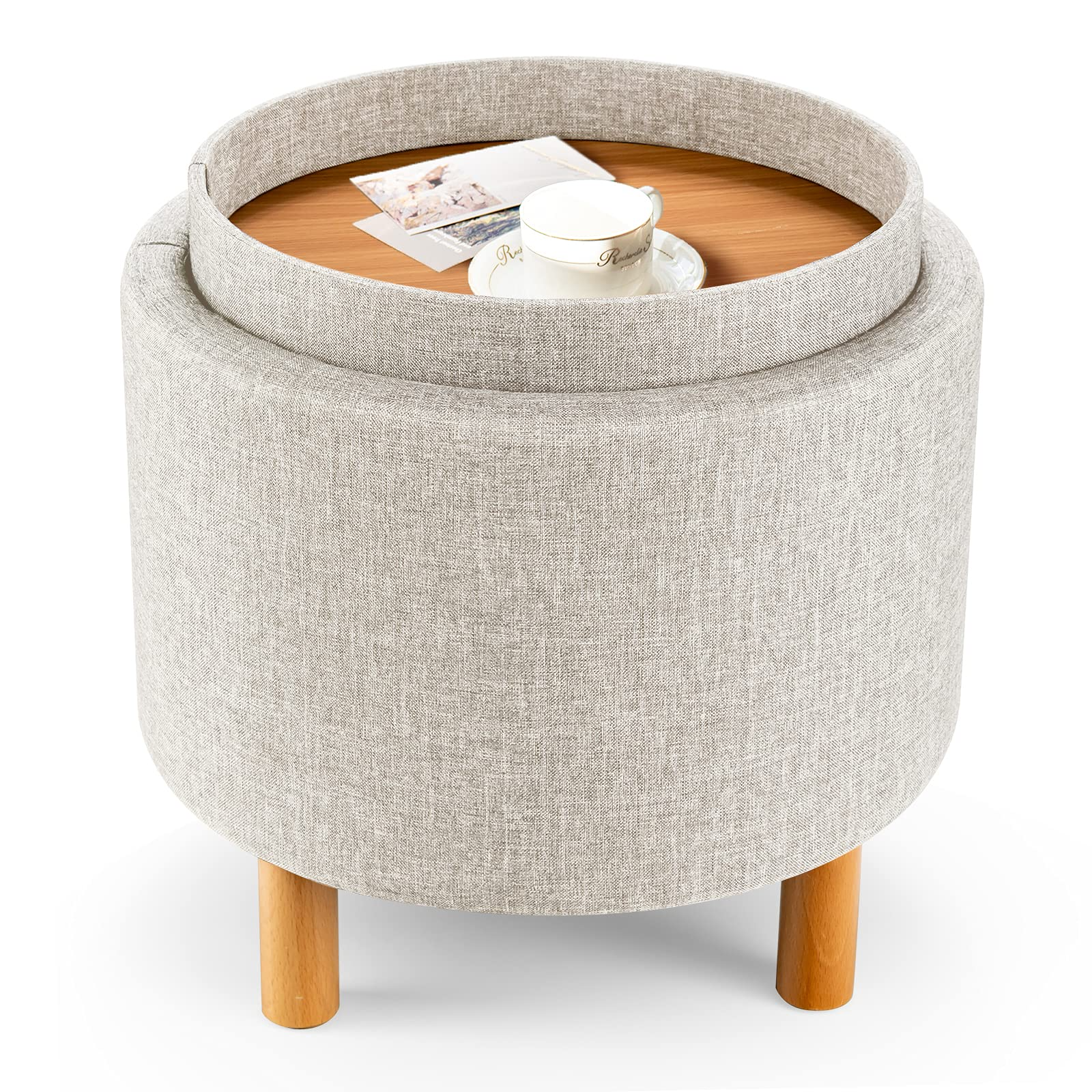 Giantex Round Storage Ottoman with Tray, Accent Storage Footstool w/ Soft Padding