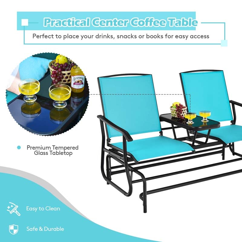 2-Person Outdoor Bench Glider Chair with Center Table, Mesh Fabric Rocking Loveseat for Patio