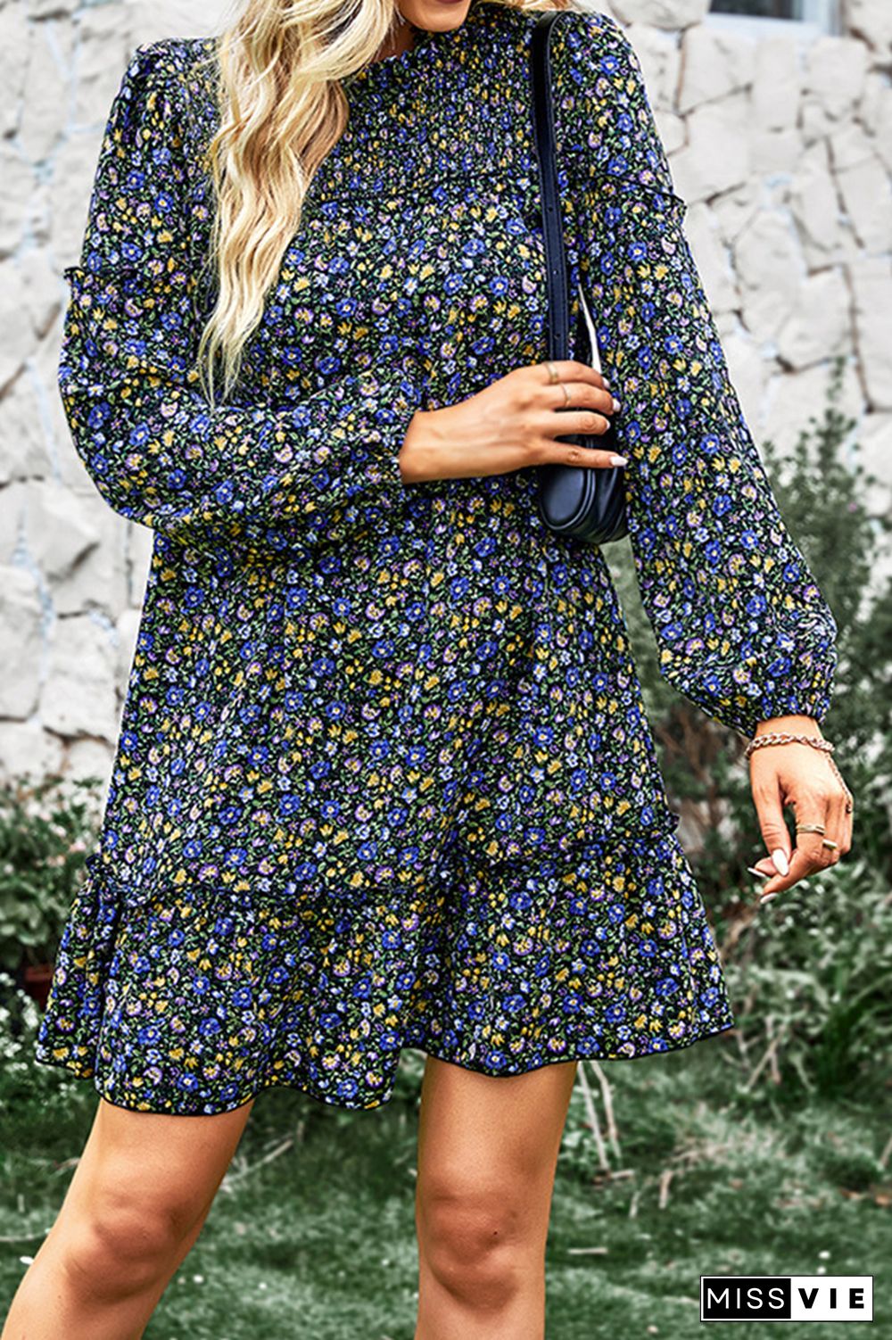 Flower Puff Long Sleeve Smock Dress