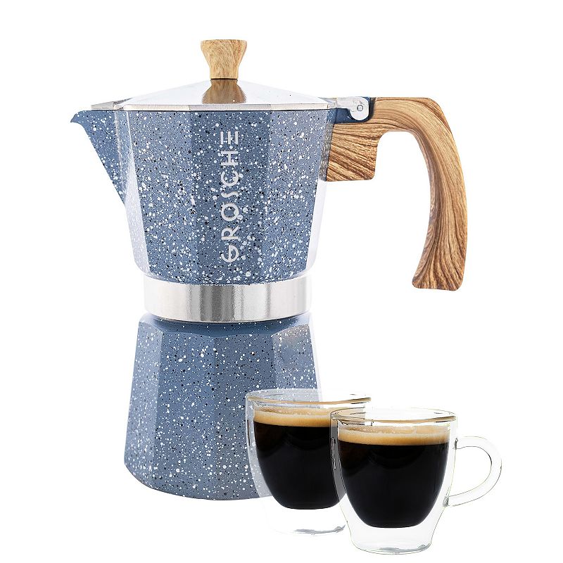 GROSCHE Milano Stone Stovetop Espresso Coffee Maker and TURIN Glass Espresso Cup Set