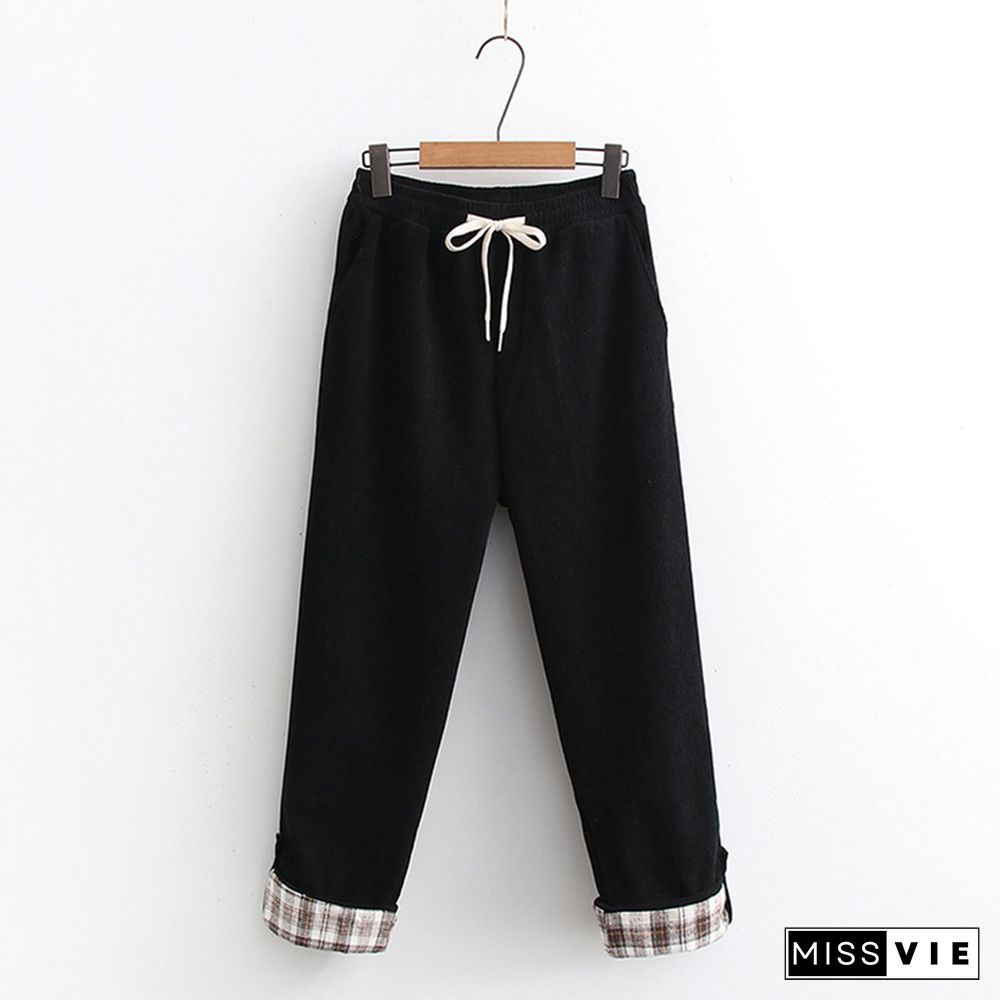 Corduroy Elastic Waist Plaid Roll Up Hem Pants