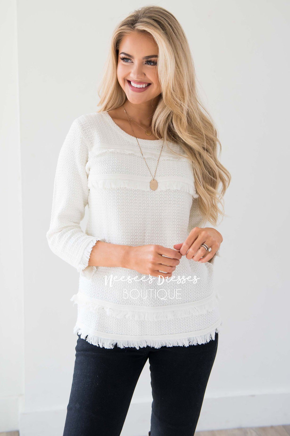 Ivory Fringe Trim Sweater