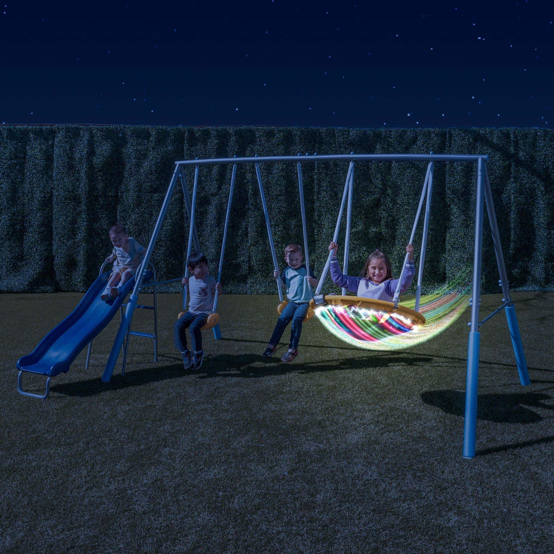 Sportspower Comet Metal Swing Set with LED Light up Saucer Swing， 2 Swings and 5ft slide