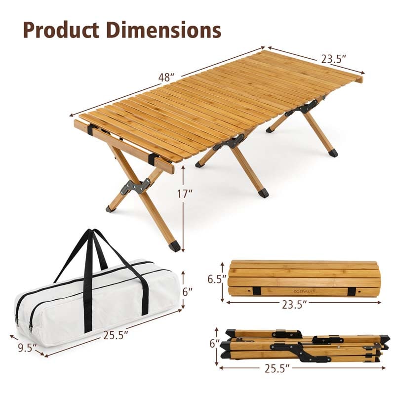 Folding Camping Table Portable Picnic Table with Carry Bag, Roll-up Bamboo Tabletop for BBQ Party Hiking