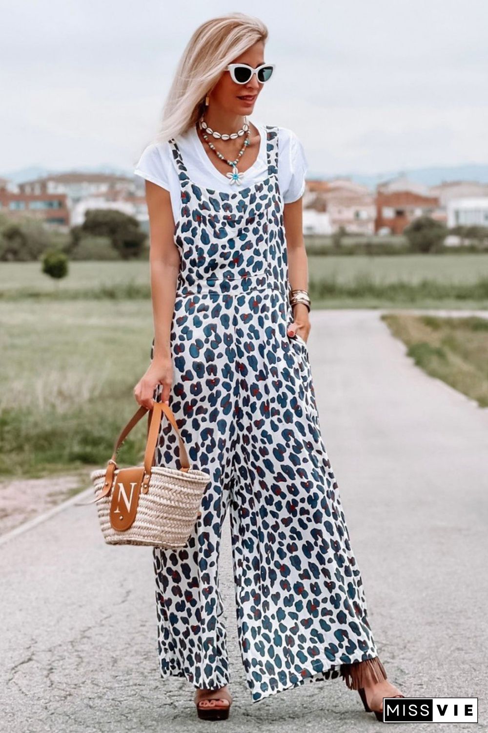 White Wide Leg Leopard Print Jumpsuit Overalls