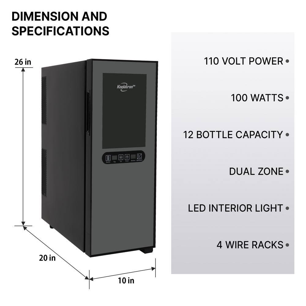 Koolatron Urban Series 12 Bottle Dual Zone Wine Cooler Black 1.2 cu. ft. (33L) Freestanding Wine Fridge WC12DZ