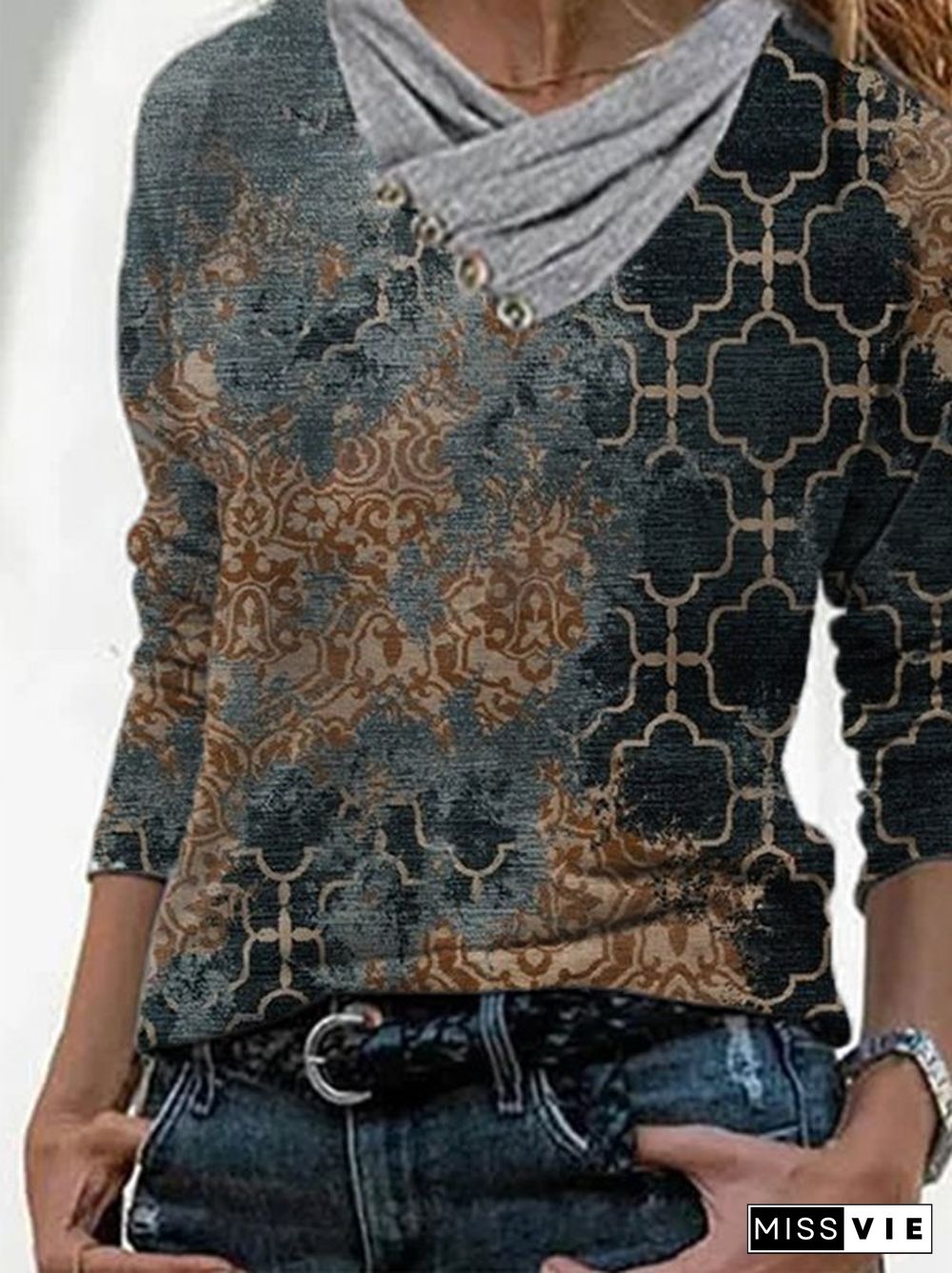 Long Sleeve Cowl Neck Printed Casual T-shirt