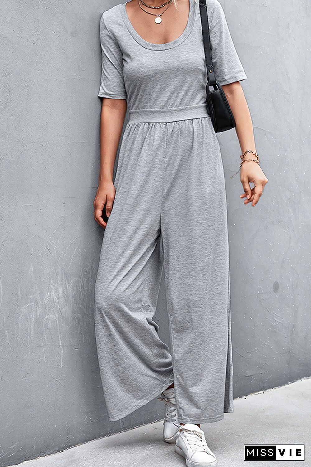 Solid Color Short Sleeve Wide Leg Jumpsuit Wholesale