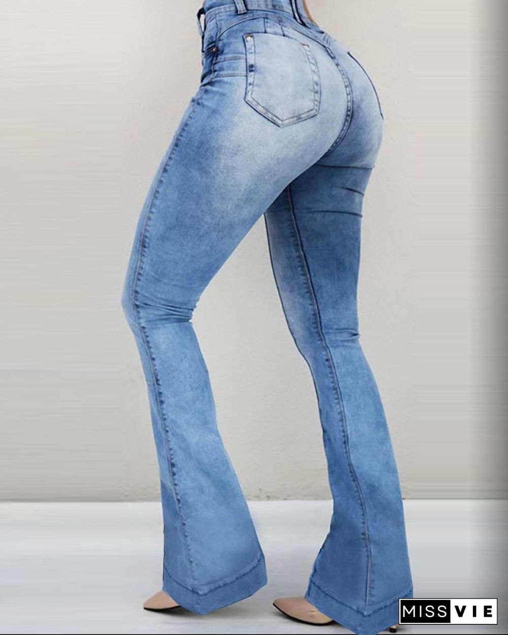 Solid High Waist Bell-Bottom Jeans P15145