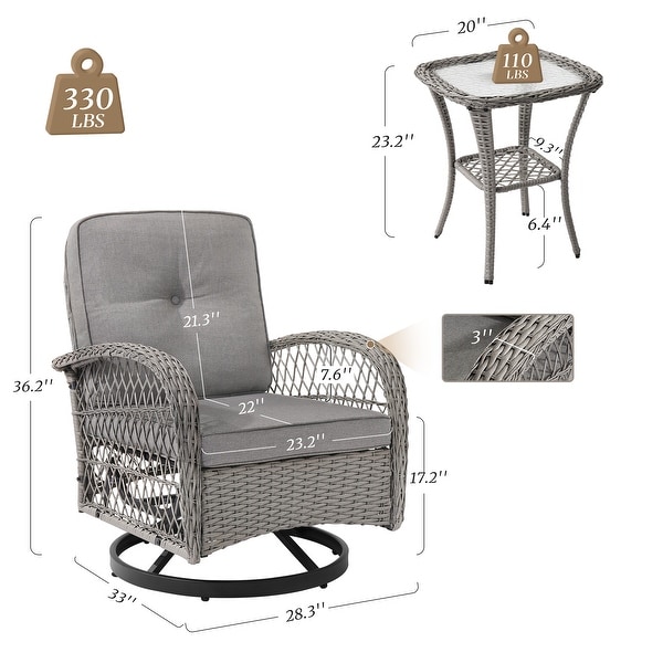 COZYMAN Outdoor Patio 3Piece Wicker Conversation Set Swivel Rocking Chat Chairs