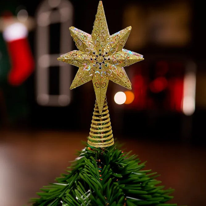 13.75 Gold Glittered Polaris Projector Star Tree Topper