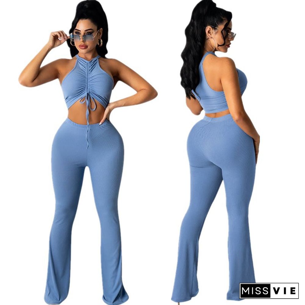 Solid Bandage Sleeveless Crop Top Flare Pants Set