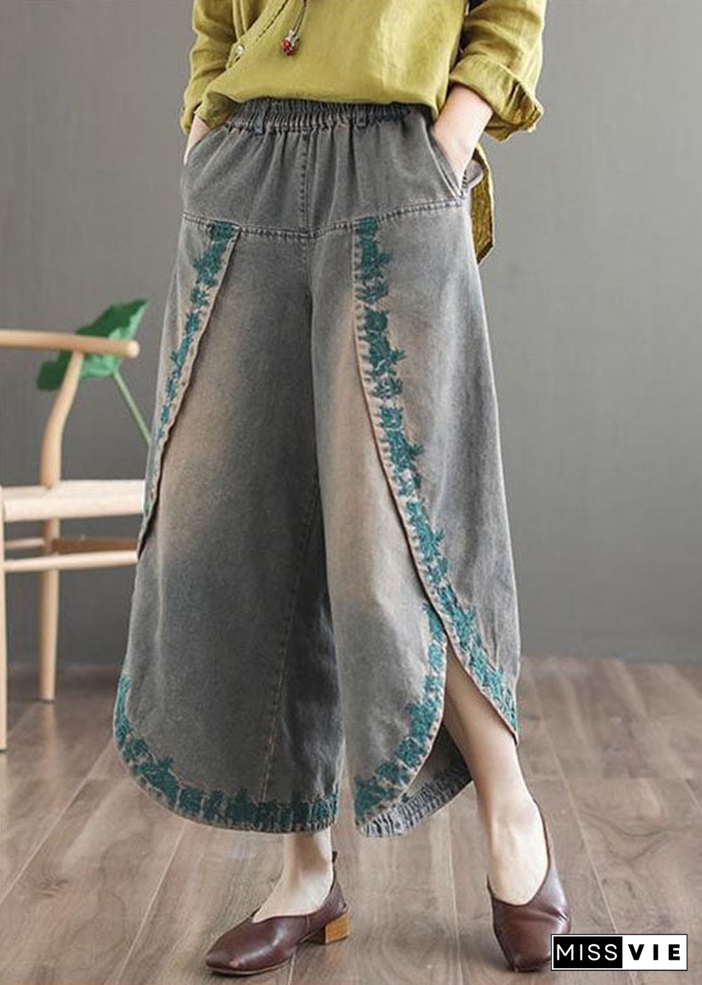 French Blue Pockets Embroideried Fall Denim Wide Leg Pants