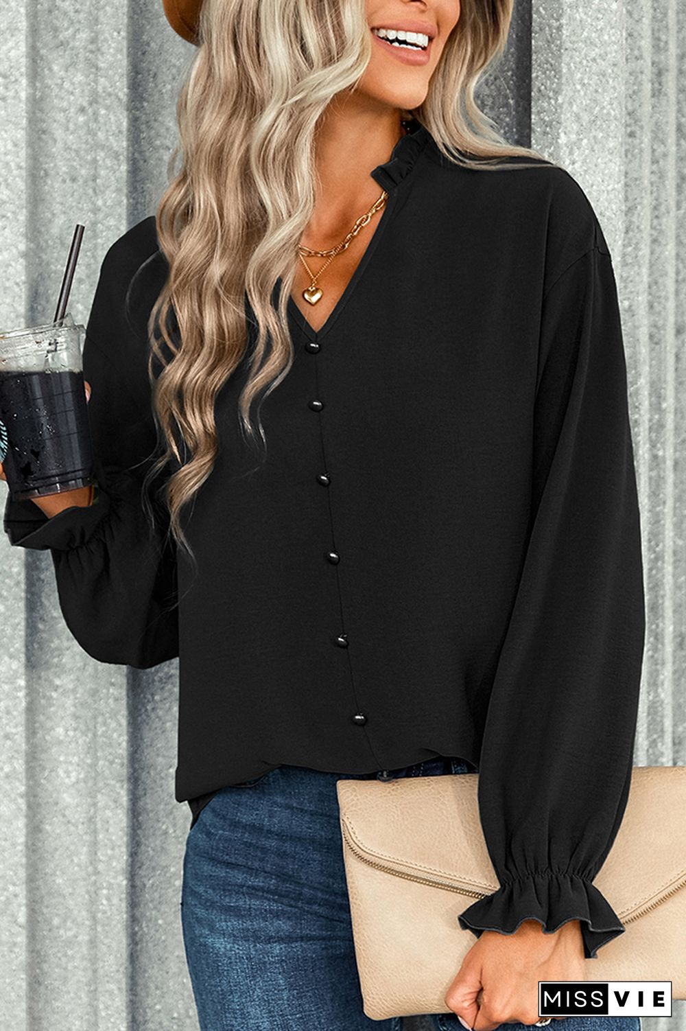 V Neck Button Down Ruffle Sleeves Long Sleeves Blouse