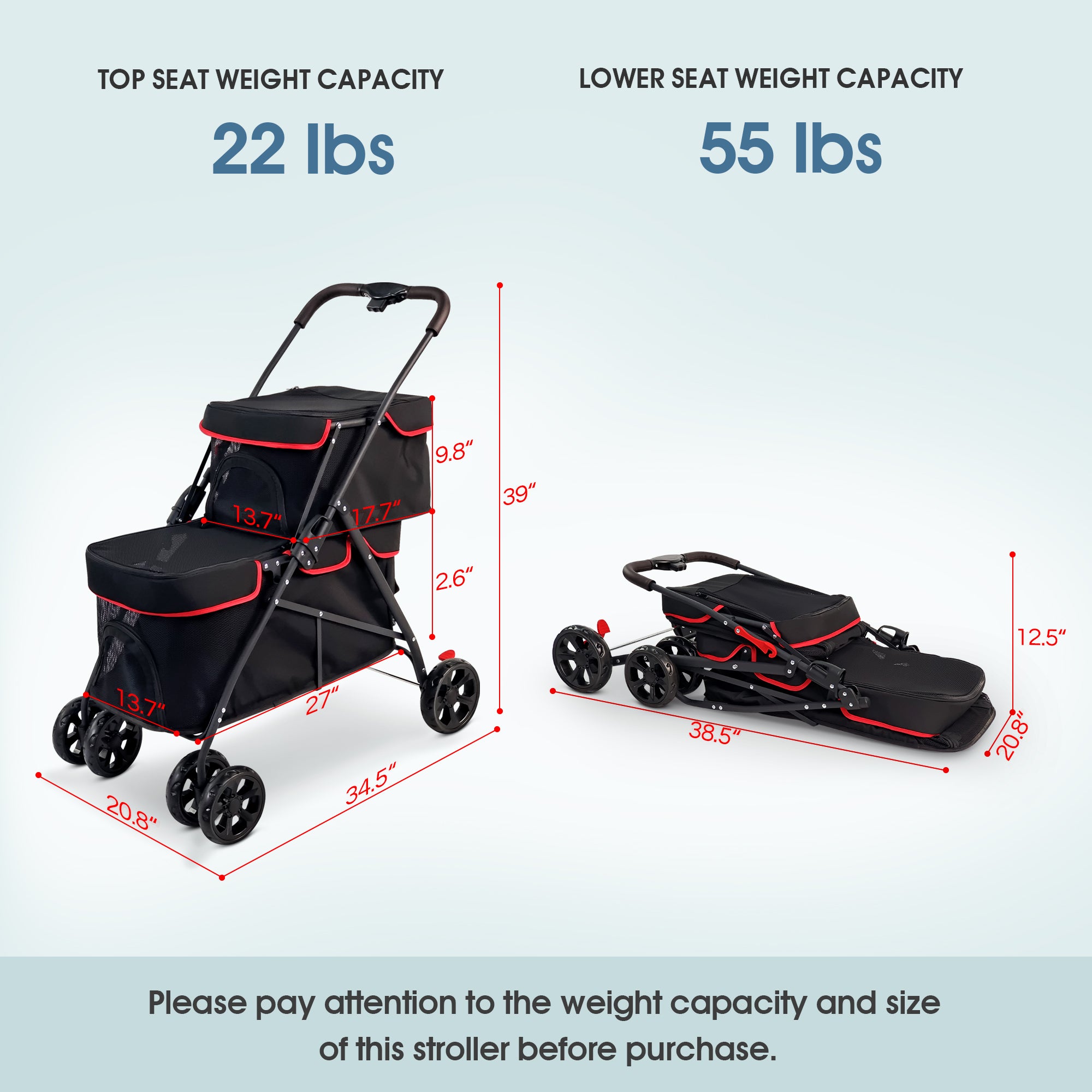 Double Decker Pet Stroller Foldable Jogger Stroller for Two Puppy  Dogs Cats