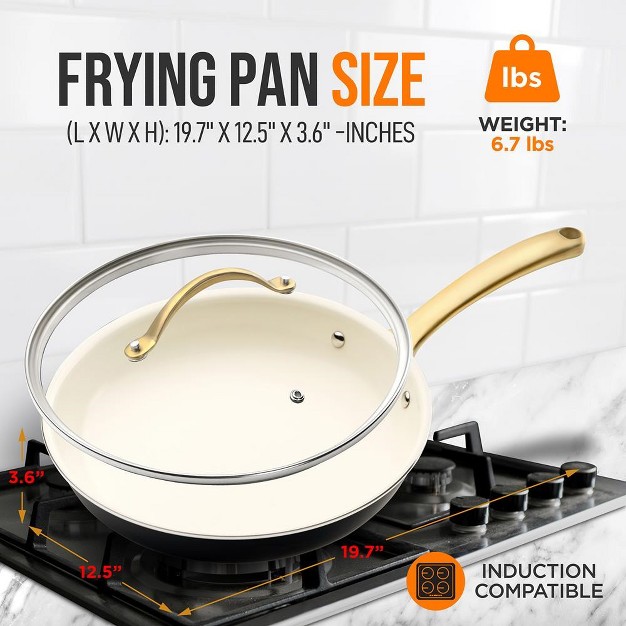 Nutrichef 12 Fry Pan With Lid Large Skillet Nonstick Frying Pan With Golden Titanium Coated Silicone Handle Ceramic Coating