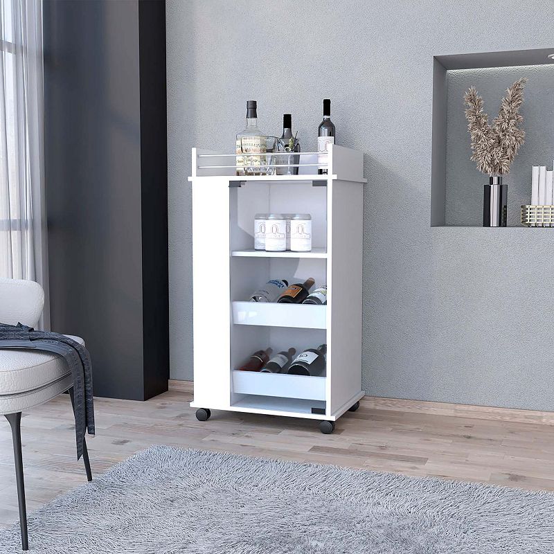 Lusk Bar Cart with 2-Bottle Holder Shelf， Glass Door and Casters