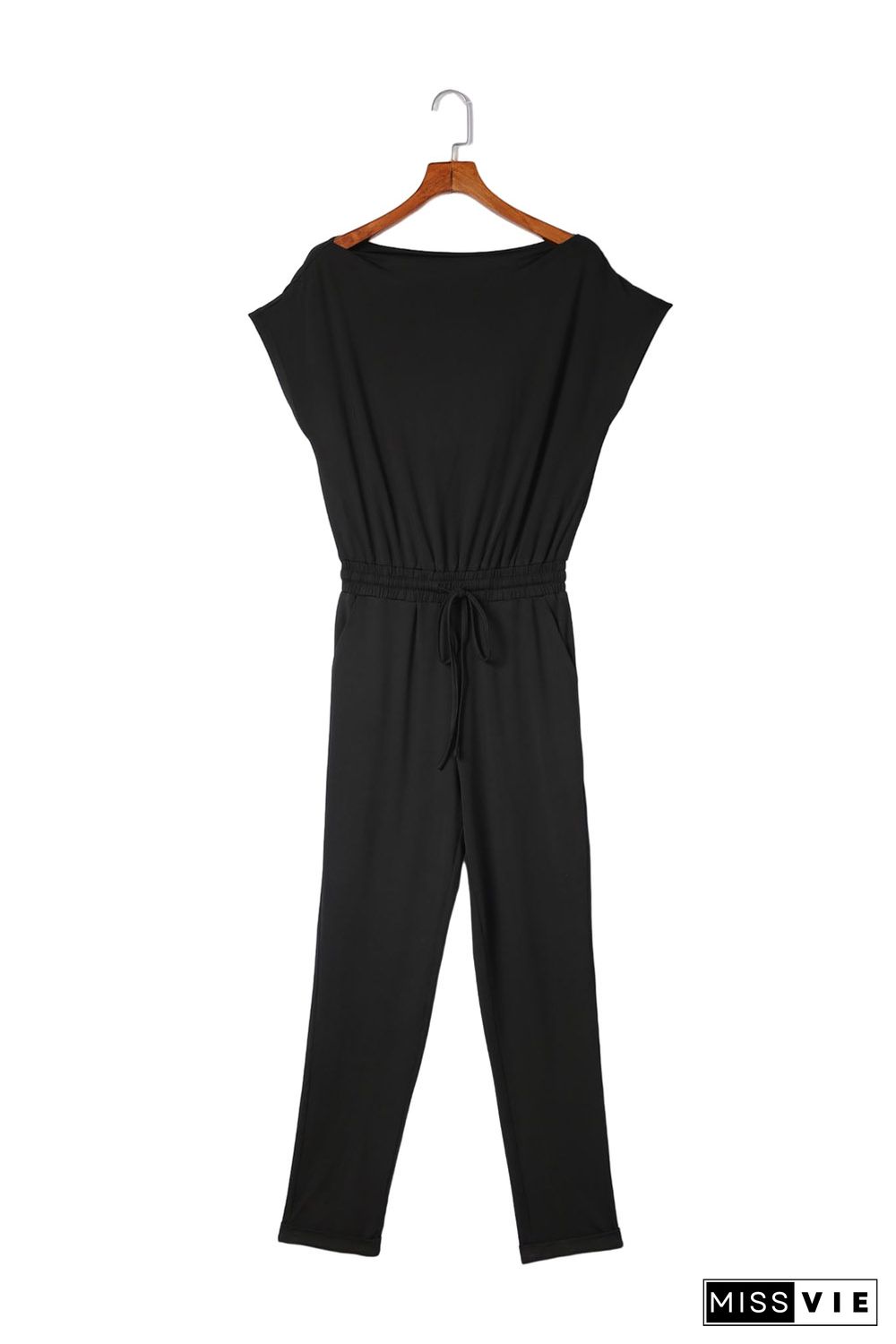 Black Tie Waist Short Sleeve Tapered Jumpsuit