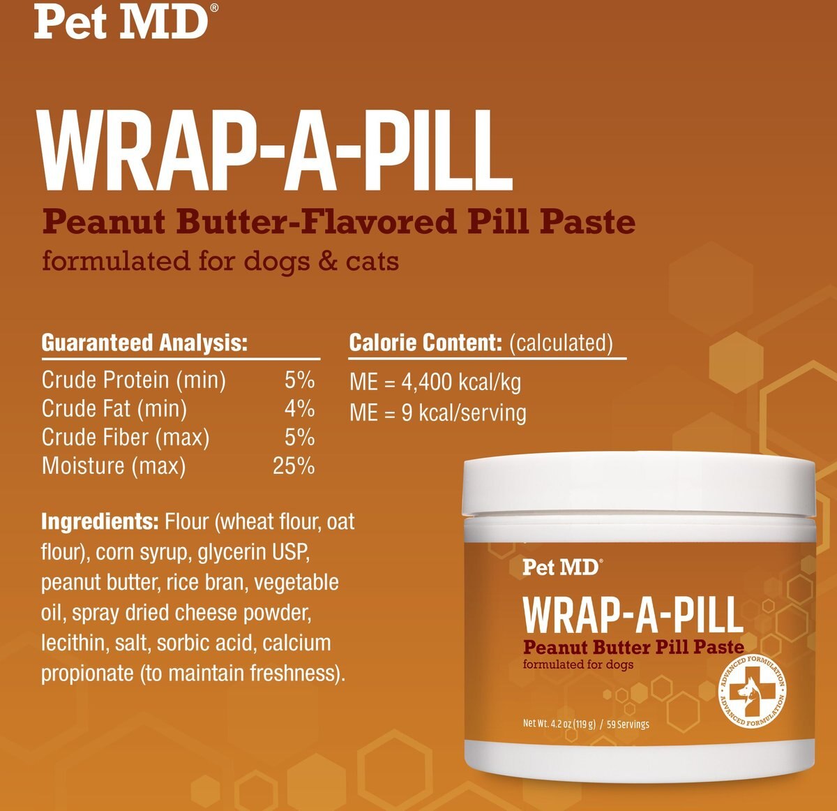 Pet MD Wrap-A-Pill Peanut Butter Flavor Pill Paste Dog and Cat Supplement， 4.2-oz tub