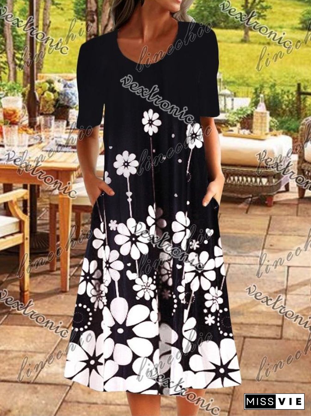 Women Casual Short Sleeve Round Neck Floral Printed Midi Dress with Pockets