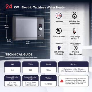 ATMOR 24kW 4.65 GPM Electric Tankless Water Heater Ideal for 2 Bedroom Home up to 5 Simultaneous Applications AT-24WH-HD