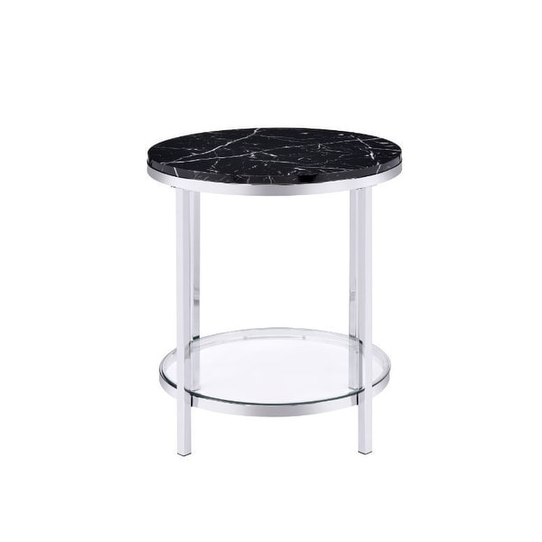 End Table，1 Glass Shelf Tempered Glass Metal Frame Faux Black Marble and Chrome Finish，Size : 22