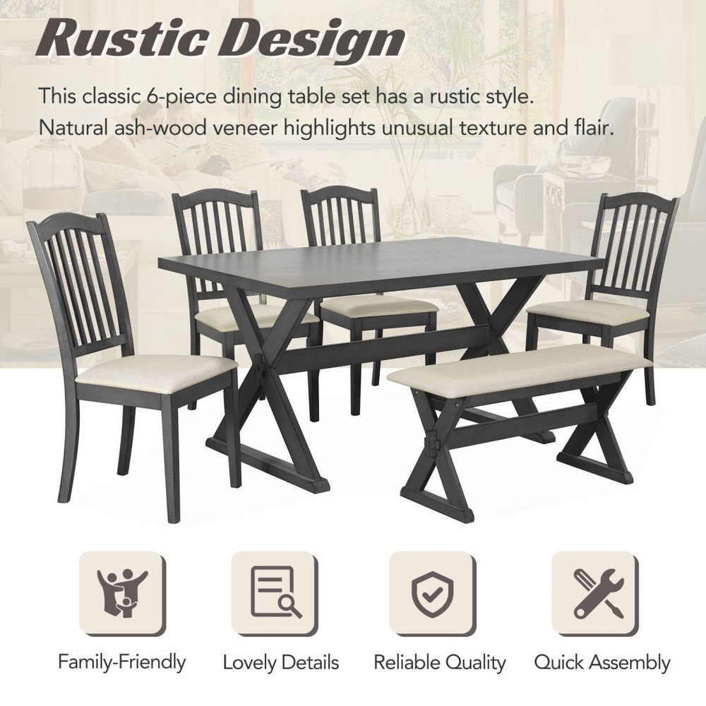 6 Piece Rustic Dining Set Trestle Table and 4 Upholstered Chairs   1 Bench