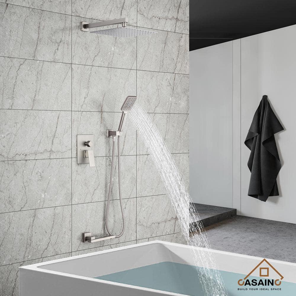 CASAINC 1Handle 3Spray Pattern 10 in Wall Mount Shower Head Tub and Shower Faucet Brushed Nickel