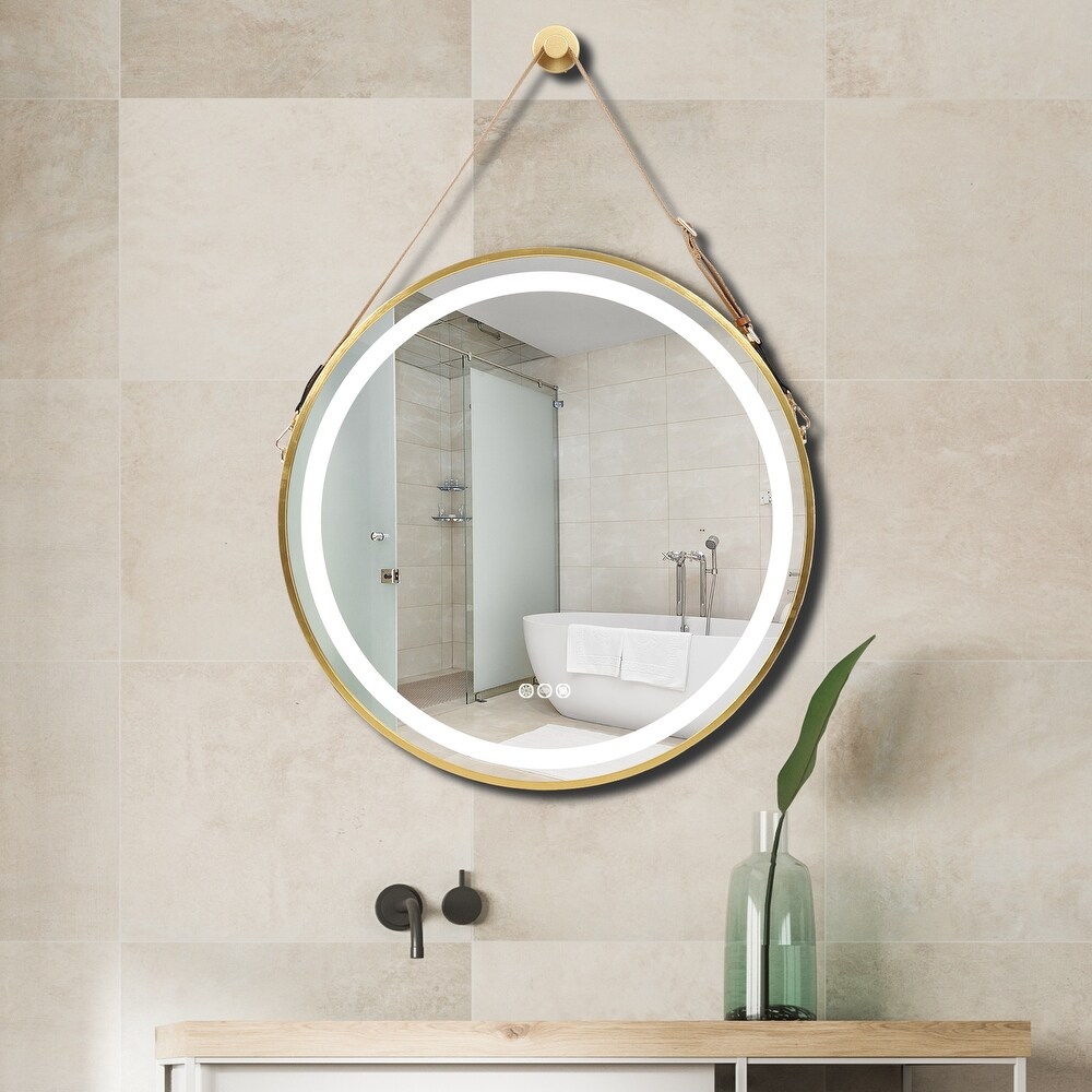 Large Round Framed LED Wall Bathroom Vanity Mirror with Hanging Strap