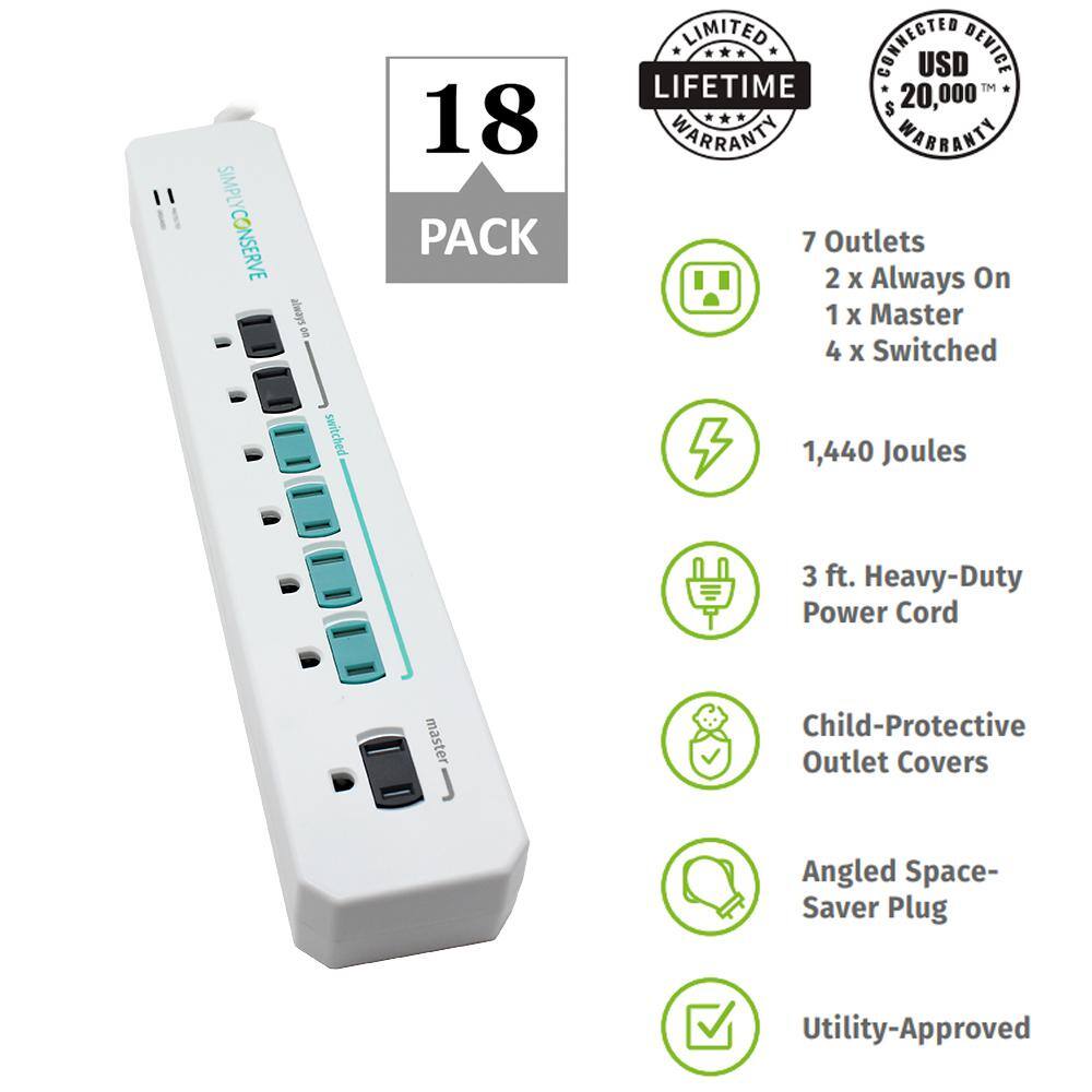 Simply Conserve 3 ft. 7-Outlet Energy-Saving Advanced Surge Protector (18-Pack) SC73T1-18PK