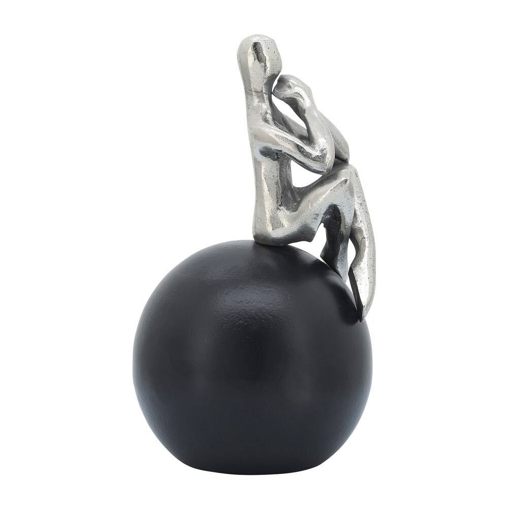 Handmade Silver Metal Thinking Man On Black Orb Sculpture