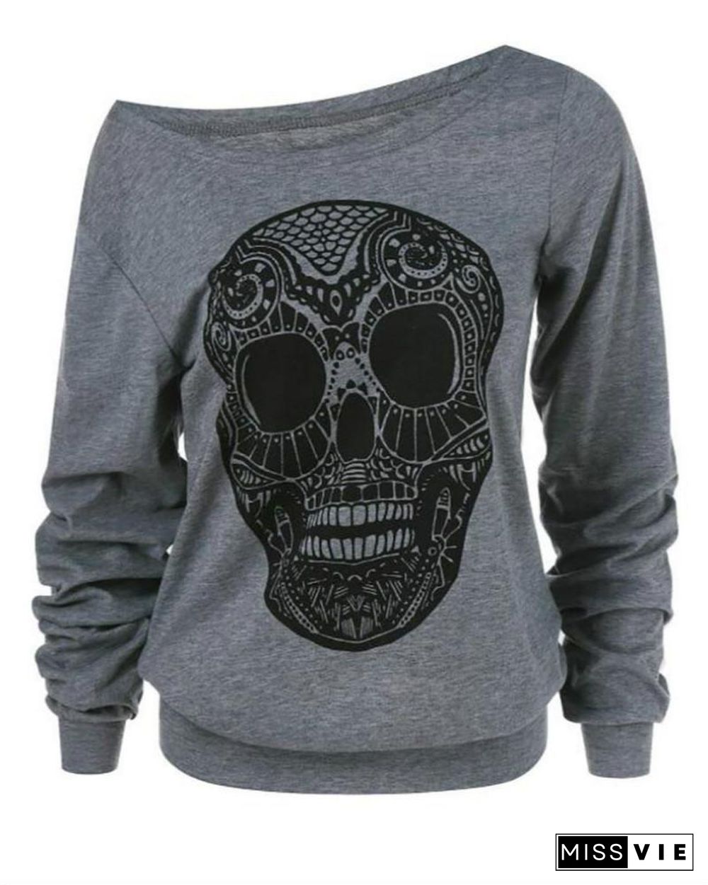 Halloween Skull Print Skew Collar Plus Size Sweatshirt